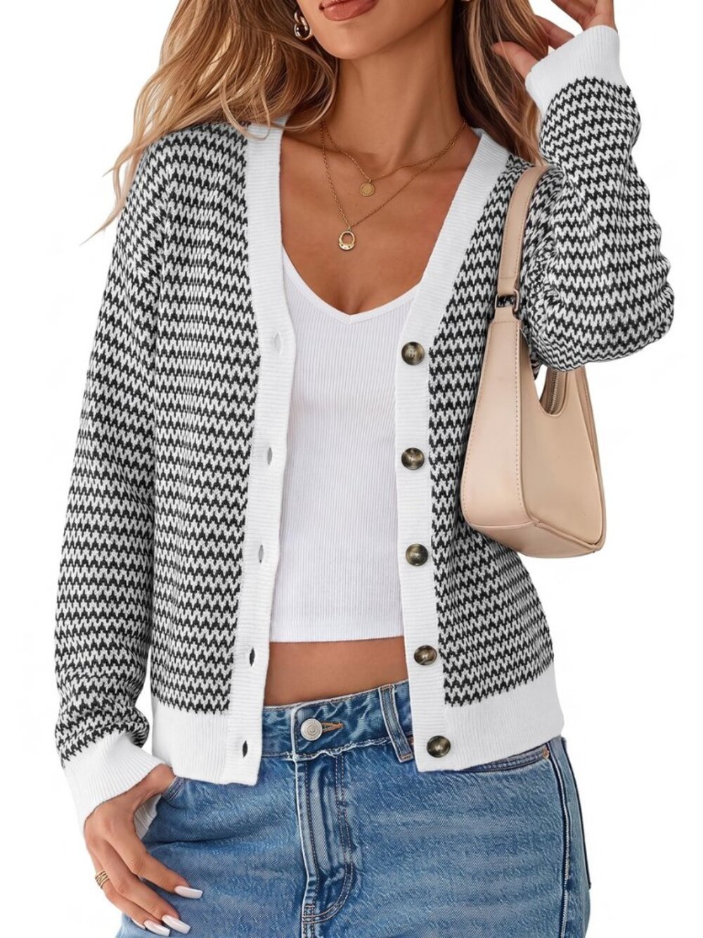 Women's V Neck Button Front Striped Casual Fall Cardigan Sweater